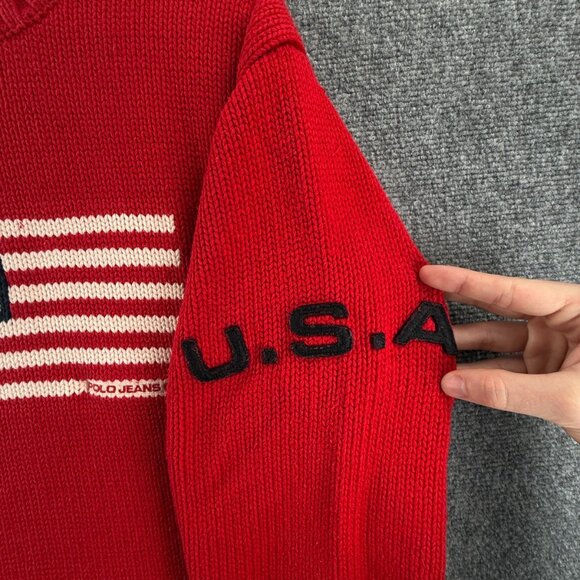 Ralph Lauren Polo Jeans Knit Flag Sweater Graphic USA Heavyweight Red Pullover - Picture 3 of 16